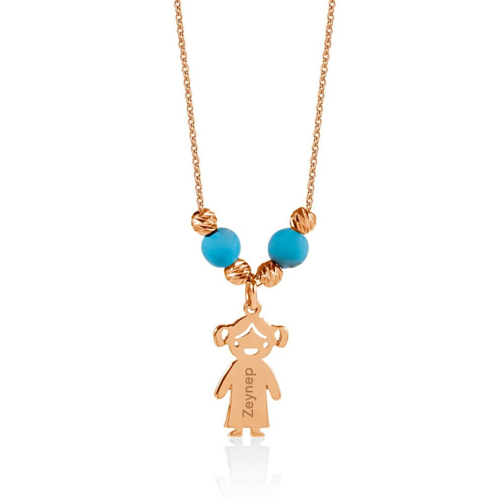 Goldstore-14k Gold Mother’s Necklace with Engraved 1 kid Charm, Personalized Family Name Necklace With 1 boy/girl Charm, Mom Kid Name Charm Necklace
