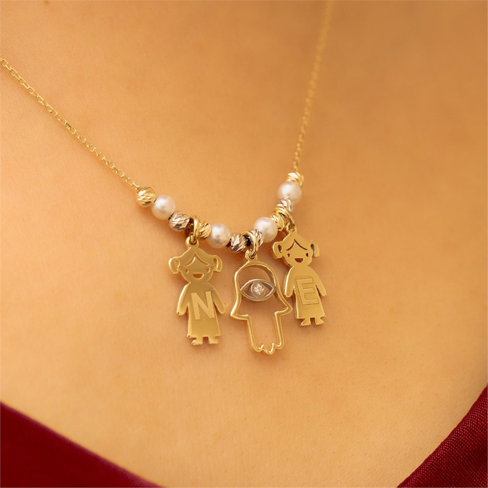 Goldstore-14k Gold Mother’s Necklace with Engraved Children and Hamsa Charms, Personalized Family Gold Name Necklace With Fatima Hand, Pearl Necklace