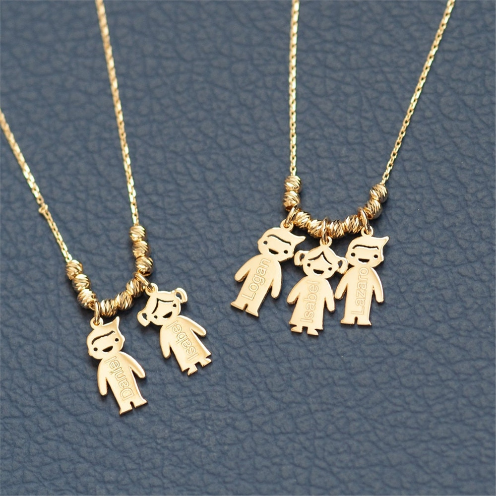 Goldstore-14k Gold Mother’s Necklace with Engraved Children Charms, Personalized Family Name Necklace With boy/girl Charms, Mom Kids Gold Charms.