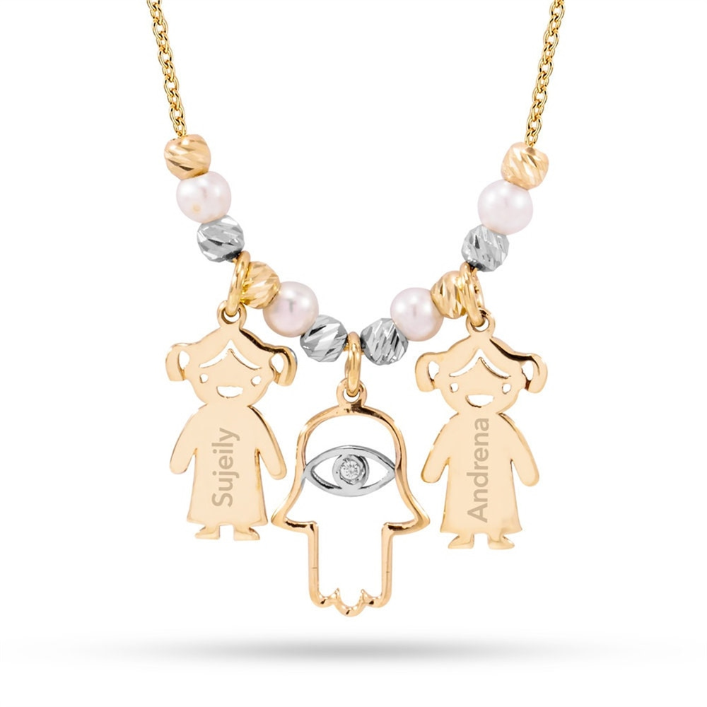 Goldstore-14k Gold Mother’s Necklace with Engraved Children and Hamsa Charms, Personalized Family Gold Name Necklace With Fatima Hand, Pearl Necklace