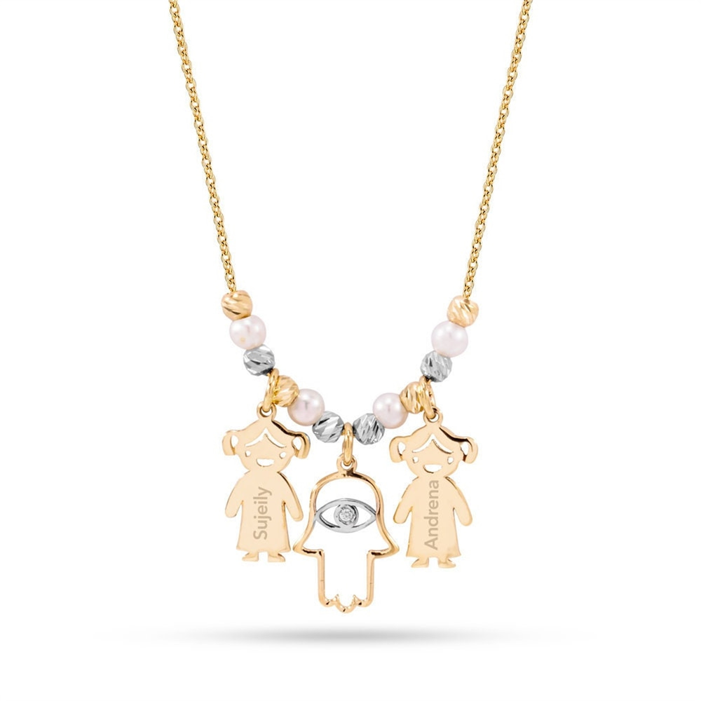 Goldstore-14k Gold Mother’s Necklace with Engraved Children and Hamsa Charms, Personalized Family Gold Name Necklace With Fatima Hand, Pearl Necklace