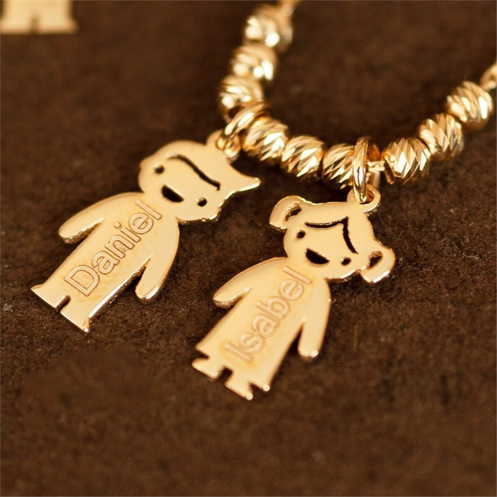 Goldstore-14k Gold Mother’s Necklace with Engraved Children Charms, Personalized Family Name Necklace With boy/girl Charms, Mom Kids Gold Charms.