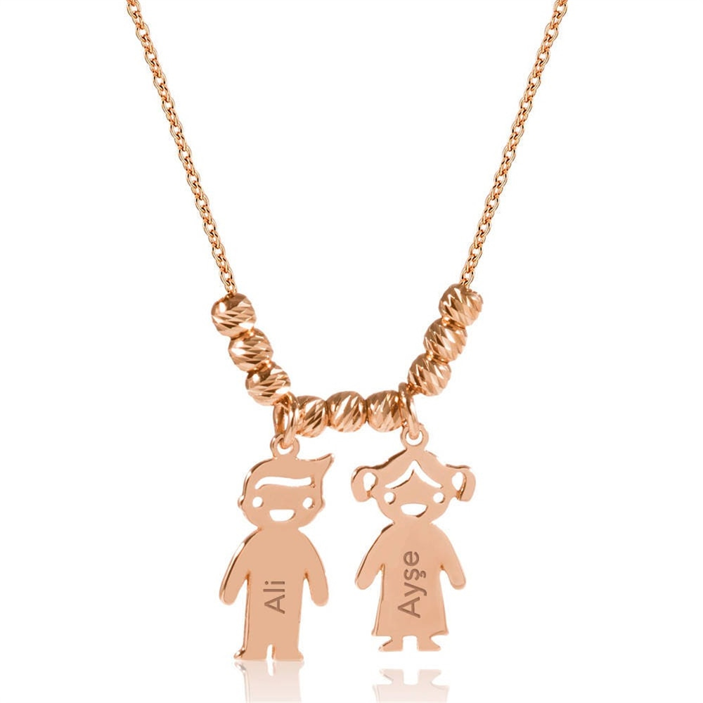 Goldstore-14k Gold Mother’s Necklace with Engraved Children Charms, Personalized Family Name Necklace With boy/girl Charms, Mom Kids Gold Charms.