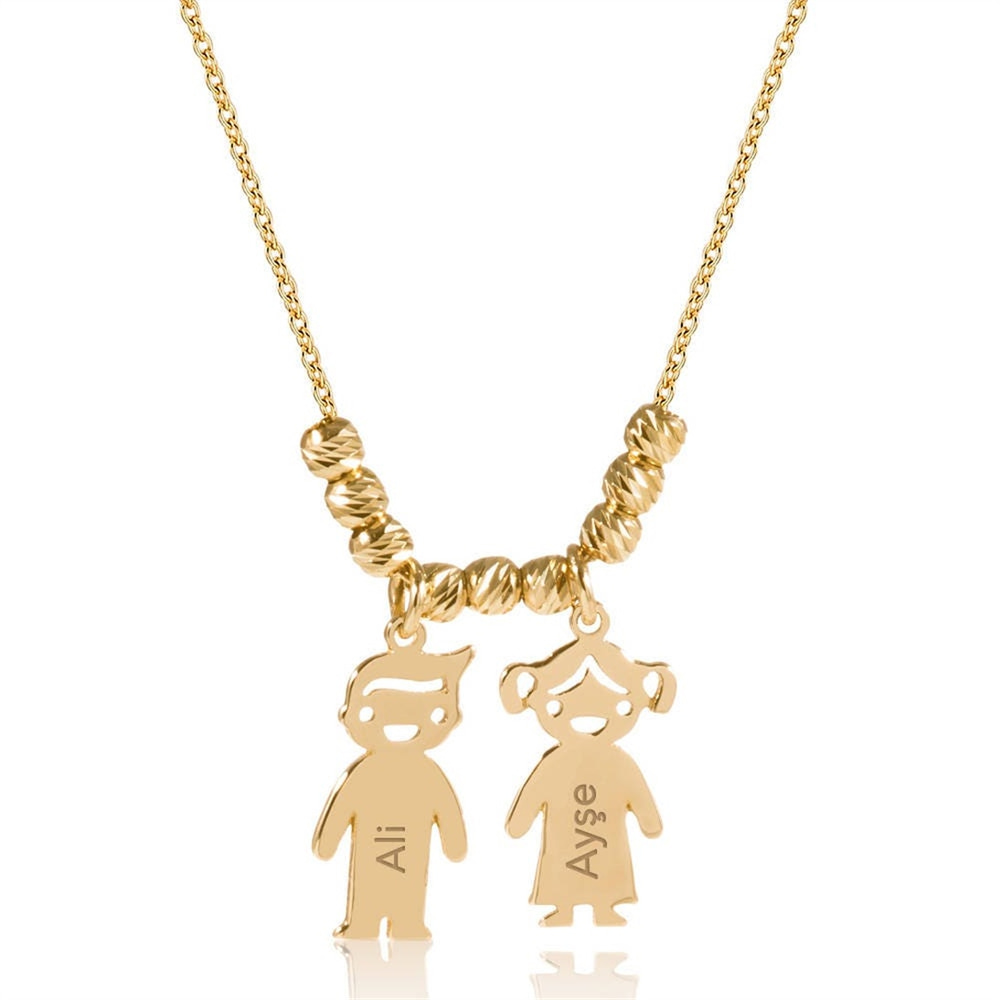 Goldstore-14k Gold Mother’s Necklace with Engraved Children Charms, Personalized Family Name Necklace With boy/girl Charms, Mom Kids Gold Charms.
