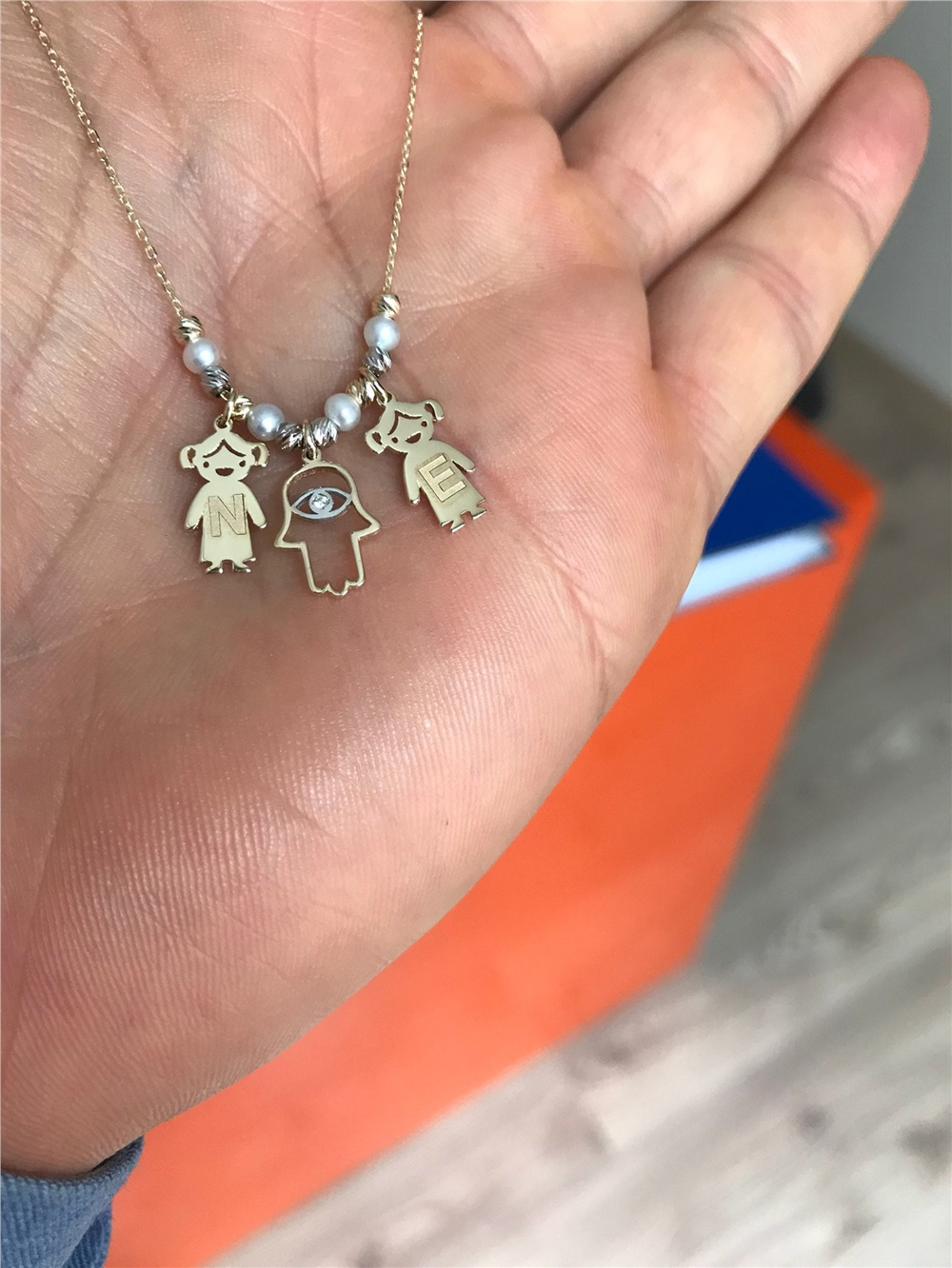 Goldstore-14k Gold Mother’s Necklace with Engraved Children and Hamsa Charms, Personalized Family Gold Name Necklace With Fatima Hand, Pearl Necklace
