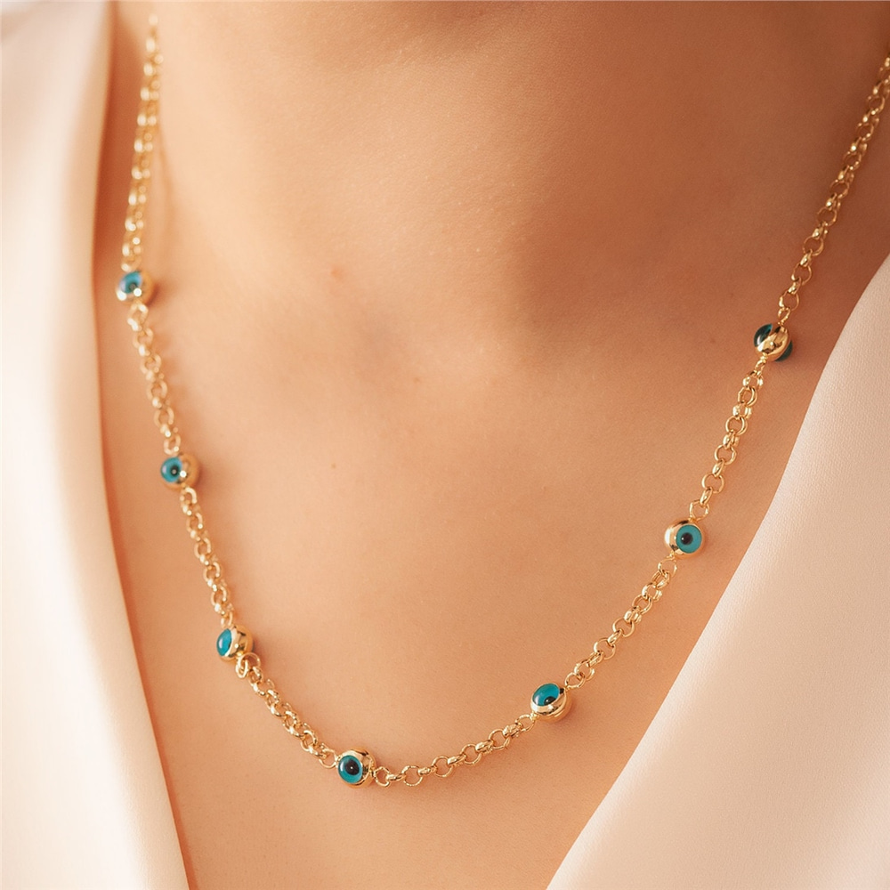 Goldstore-14k Gold Multiple 6 mm Eye Necklace, Elegant Gold Rolo Link Chain Evil Eye Necklace, Glass Blue Eye Necklace is a Great Gift For Her.