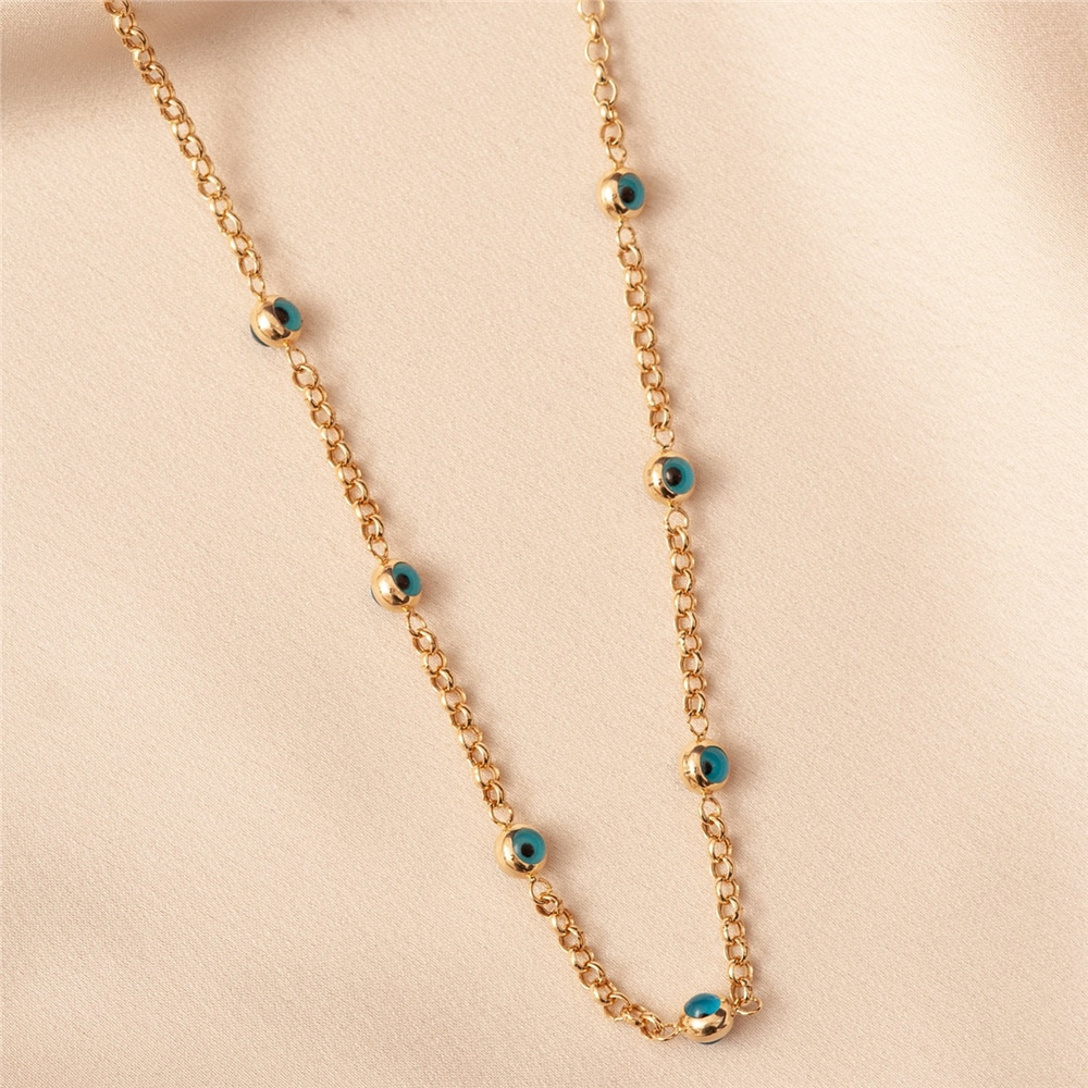 Goldstore-14k Gold Multiple 6 mm Eye Necklace, Elegant Gold Rolo Link Chain Evil Eye Necklace, Glass Blue Eye Necklace is a Great Gift For Her.