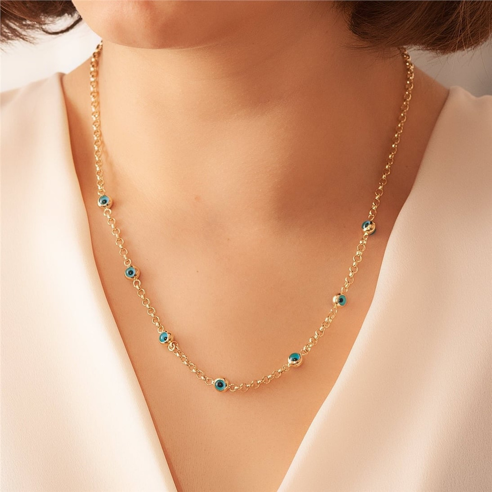 Goldstore-14k Gold Multiple 6 mm Eye Necklace, Elegant Gold Rolo Link Chain Evil Eye Necklace, Glass Blue Eye Necklace is a Great Gift For Her.