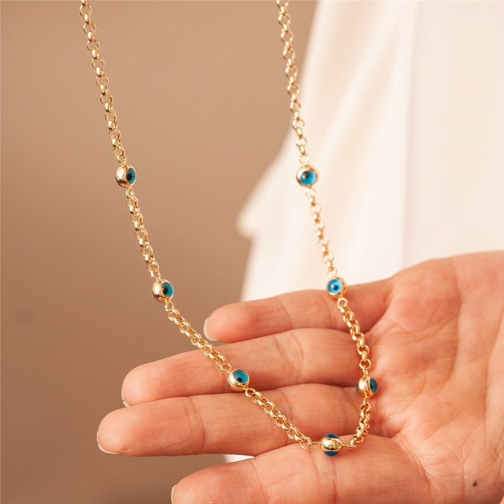 Goldstore-14k Gold Multiple 6 mm Eye Necklace, Elegant Gold Rolo Link Chain Evil Eye Necklace, Glass Blue Eye Necklace is a Great Gift For Her.