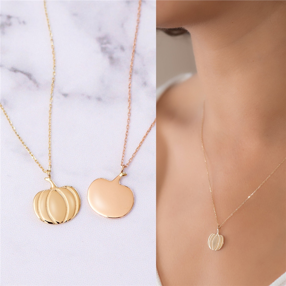 Goldstore-14k Gold Pumpkin Necklace, Golden Design Fall Necklace, Pumpkin Pendant & Pumpkin Charm, Haloween Necklace and Gold Pumpkin