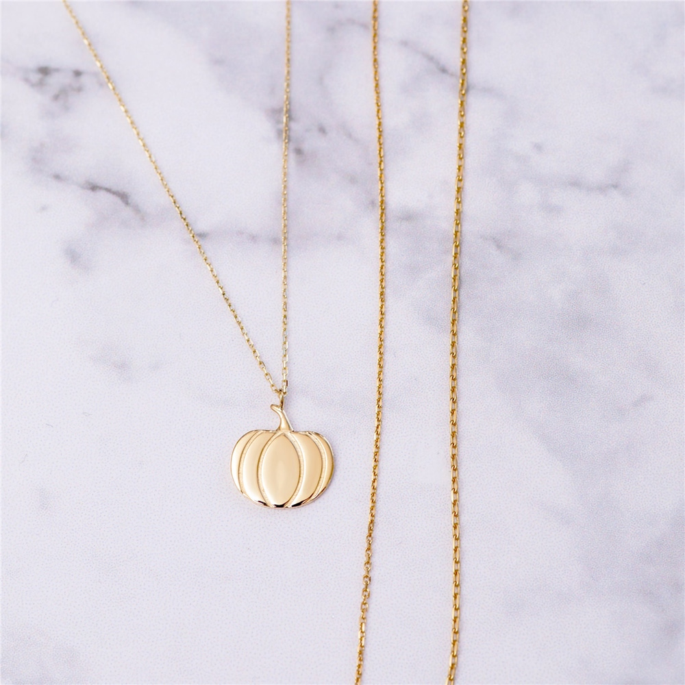 Goldstore-14k Gold Pumpkin Necklace, Golden Design Fall Necklace, Pumpkin Pendant & Pumpkin Charm, Haloween Necklace and Gold Pumpkin