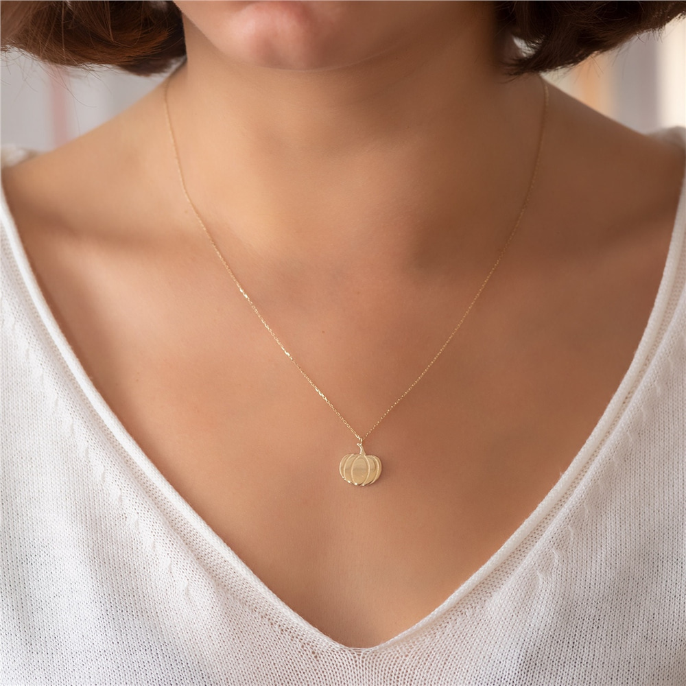 Goldstore-14k Gold Pumpkin Necklace, Golden Design Fall Necklace, Pumpkin Pendant & Pumpkin Charm, Haloween Necklace and Gold Pumpkin