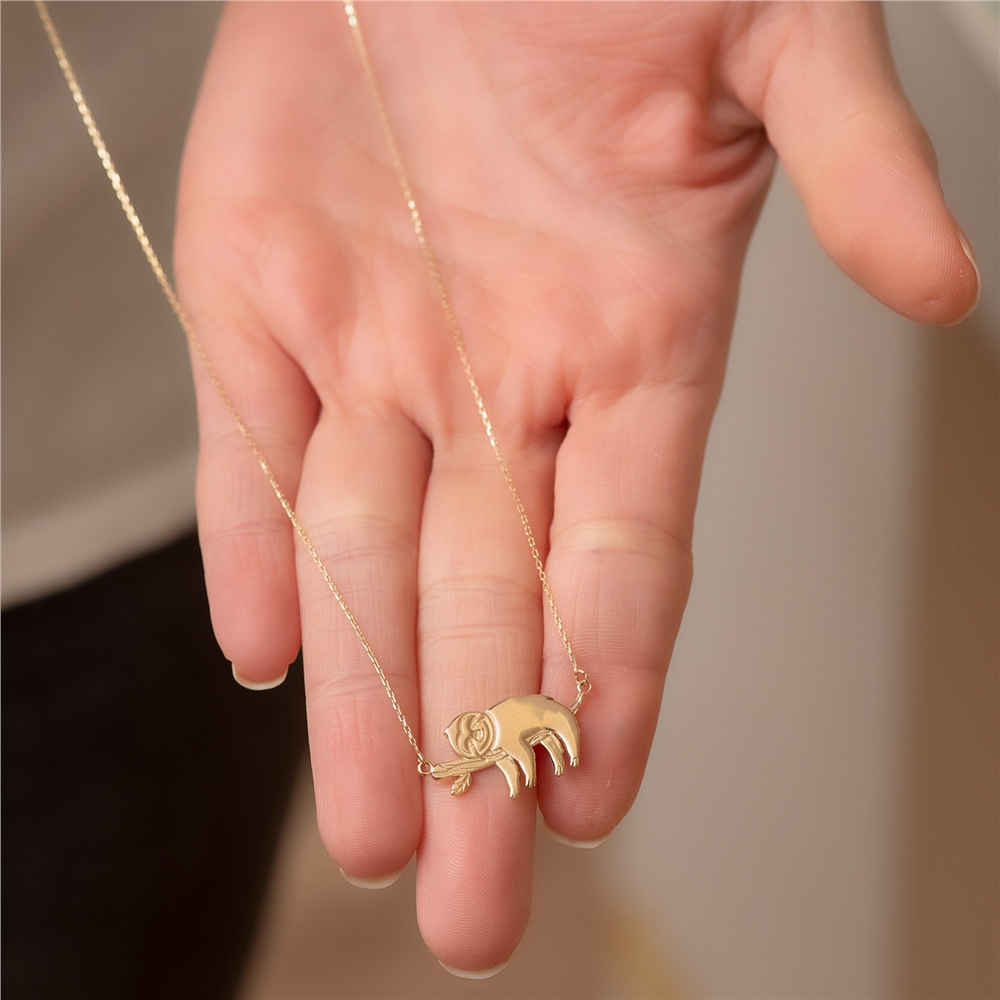 Goldstore-14k Gold Sloth Necklace, Solid Gold Lazy Sloth Necklace, Cute Smiley Dangling Baby Sloth Necklace, Elegant Sloth Necklace is a Gift For Her