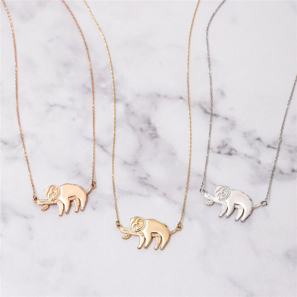 Goldstore-14k Gold Sloth Necklace, Solid Gold Lazy Sloth Necklace, Cute Smiley Dangling Baby Sloth Necklace, Elegant Sloth Necklace is a Gift For Her