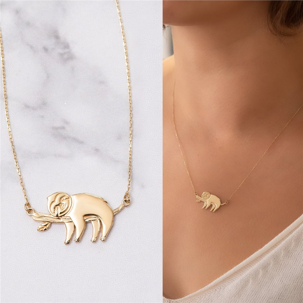 Goldstore-14k Gold Sloth Necklace, Solid Gold Lazy Sloth Necklace, Cute Smiley Dangling Baby Sloth Necklace, Elegant Sloth Necklace is a Gift For Her