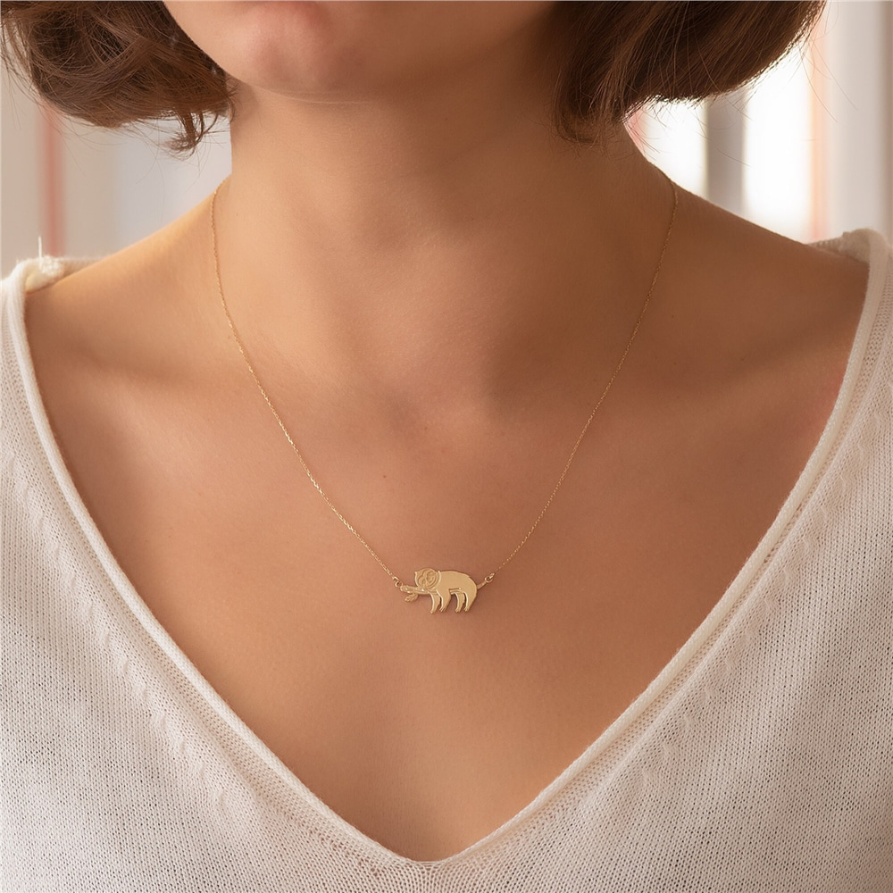Goldstore-14k Gold Sloth Necklace, Solid Gold Lazy Sloth Necklace, Cute Smiley Dangling Baby Sloth Necklace, Elegant Sloth Necklace is a Gift For Her