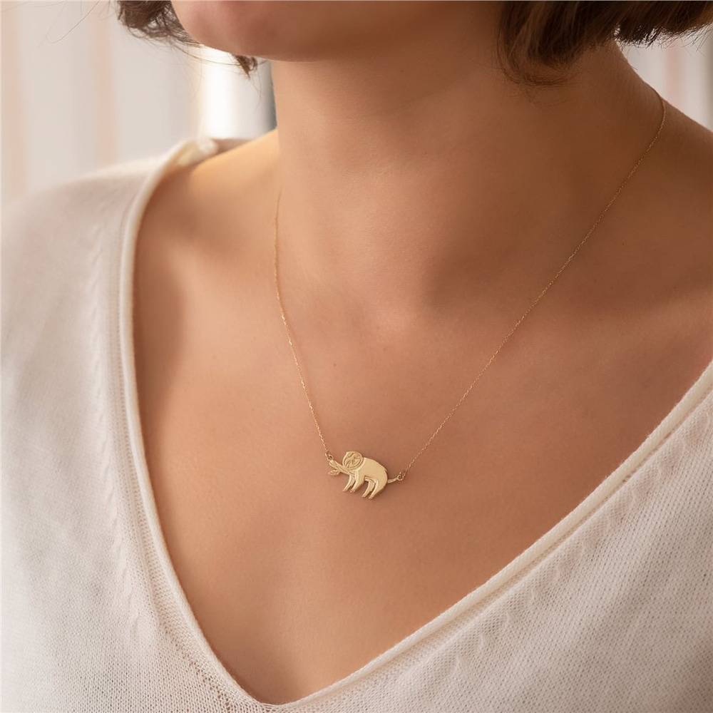 Goldstore-14k Gold Sloth Necklace, Solid Gold Lazy Sloth Necklace, Cute Smiley Dangling Baby Sloth Necklace, Elegant Sloth Necklace is a Gift For Her