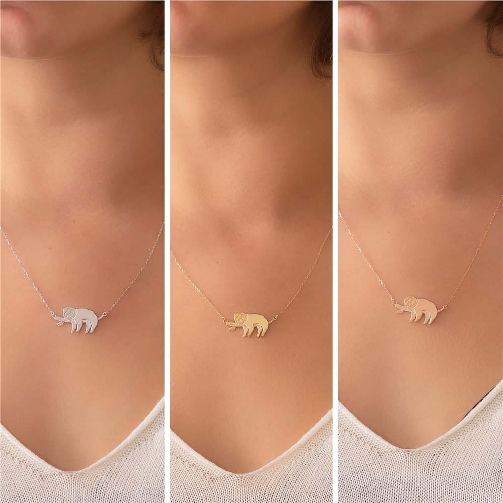 Goldstore-14k Gold Sloth Necklace, Solid Gold Lazy Sloth Necklace, Cute Smiley Dangling Baby Sloth Necklace, Elegant Sloth Necklace is a Gift For Her