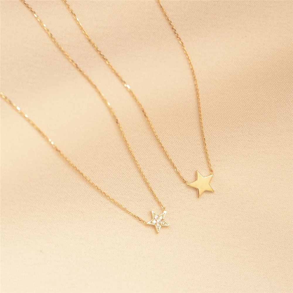 Goldstore-14k Gold Star Necklace, Elegant Solid Real Gold Star Choker Necklace, Minimalist Cz Star Gold Dainty Necklace is a Great Gift For Her.