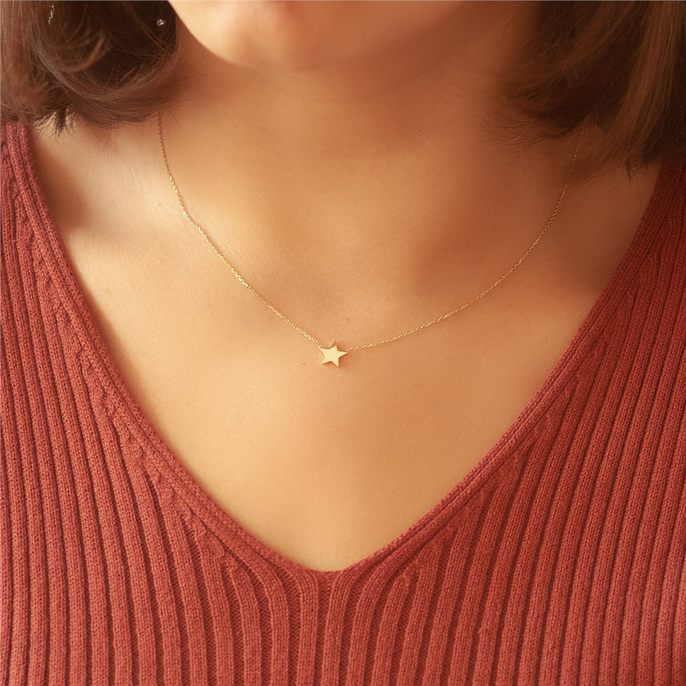 Goldstore-14k Gold Star Necklace, Elegant Solid Real Gold Star Choker Necklace, Minimalist Cz Star Gold Dainty Necklace is a Great Gift For Her.
