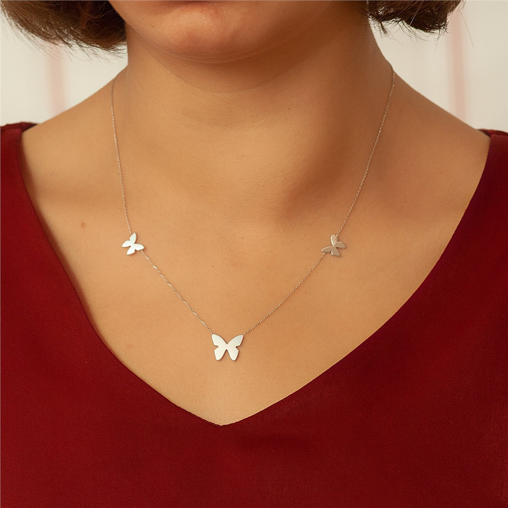 Goldstore-14K Gold Two Sides Triple Star Layering Enamel Necklace. Dainty 3 Heart Gold Necklace With Enamel. 3 Enamel Butterfly Gold Layering Necklace