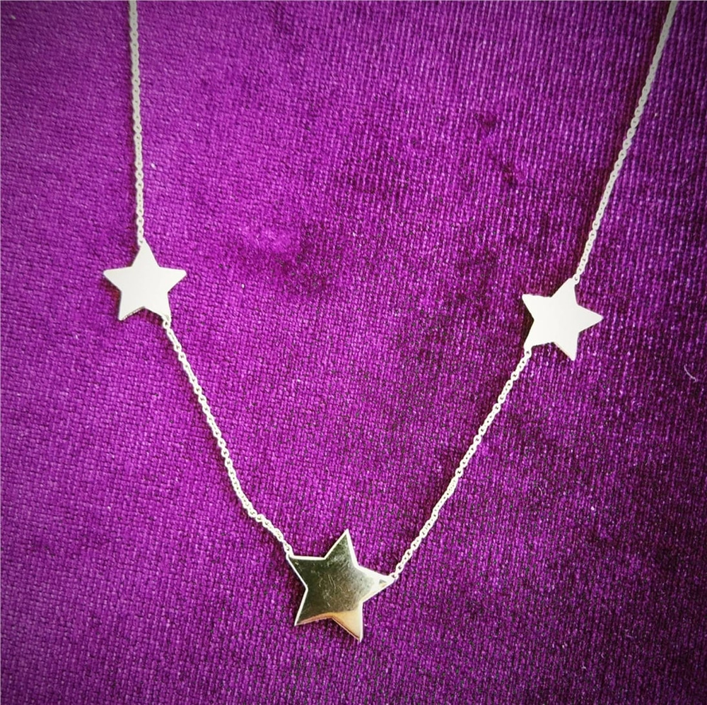 Goldstore-14K Gold Two Sides Triple Star Layering Enamel Necklace. Dainty 3 Heart Gold Necklace With Enamel. 3 Enamel Butterfly Gold Layering Necklace