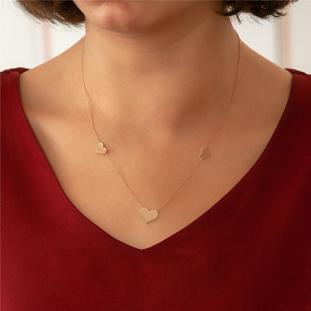 Goldstore-14K Gold Two Sides Triple Star Layering Enamel Necklace. Dainty 3 Heart Gold Necklace With Enamel. 3 Enamel Butterfly Gold Layering Necklace