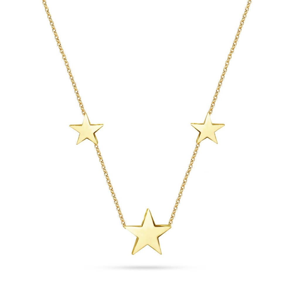 Goldstore-14K Gold Two Sides Triple Star Layering Enamel Necklace. Dainty 3 Heart Gold Necklace With Enamel. 3 Enamel Butterfly Gold Layering Necklace