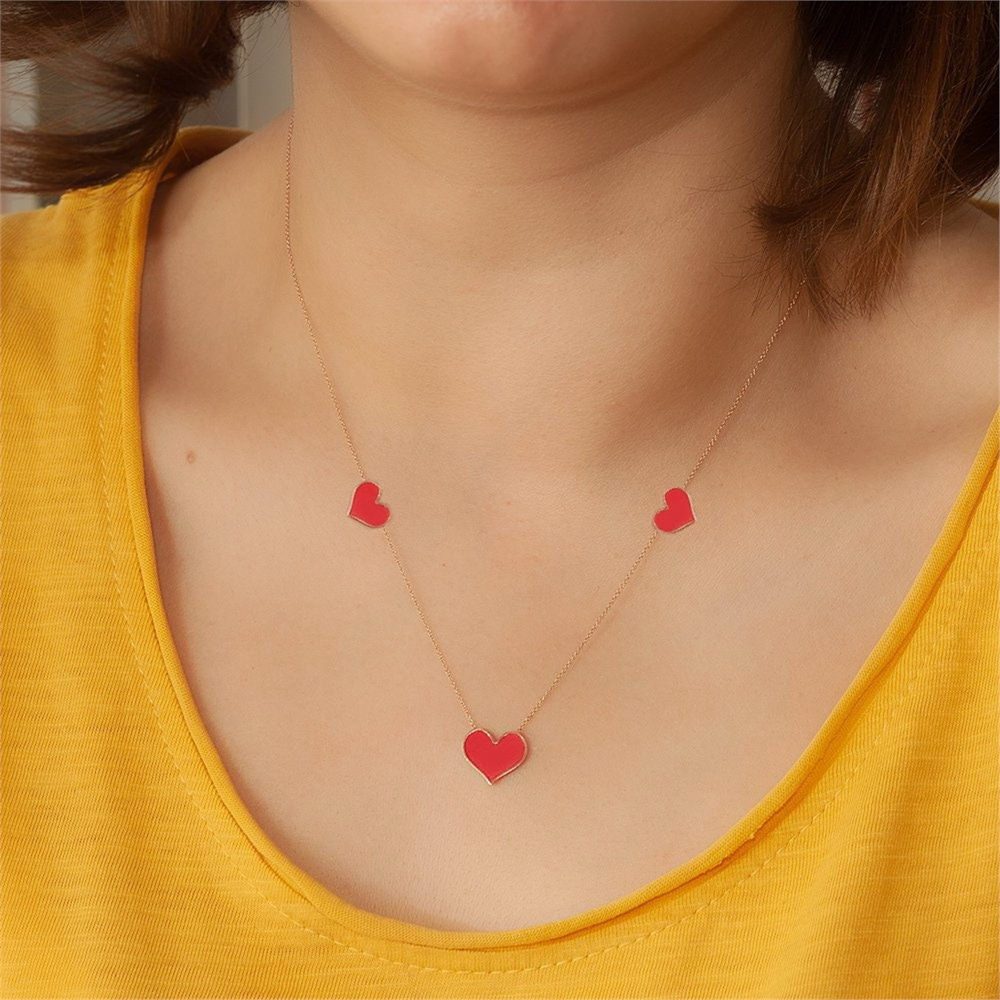 Goldstore-14K Gold Two Sides Triple Star Layering Enamel Necklace. Dainty 3 Heart Gold Necklace With Enamel. 3 Enamel Butterfly Gold Layering Necklace