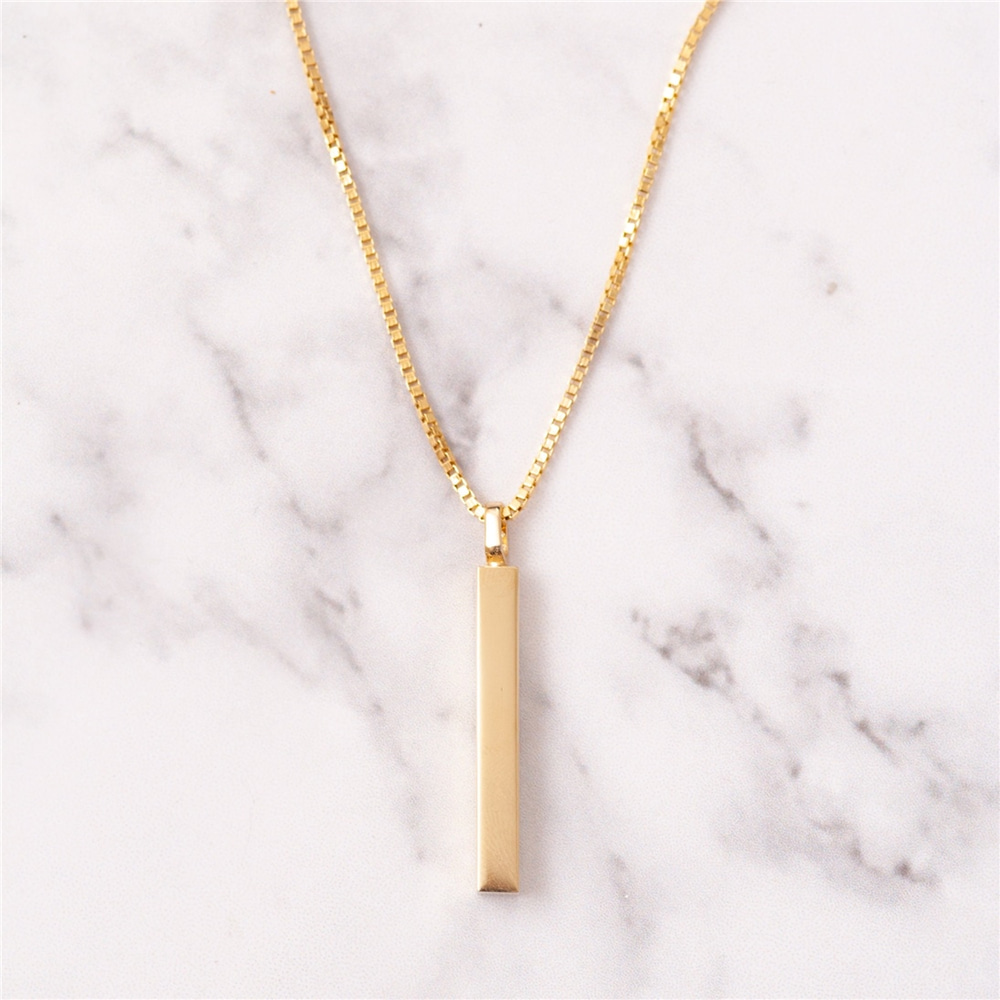 Goldstore-14K Gold Vertical Urn 3 cm Bar Box Chain Necklace, 4 Side Custom Engraved Memorial Gold Necklace, Engrave Name Date Numeral Funeral Necklace