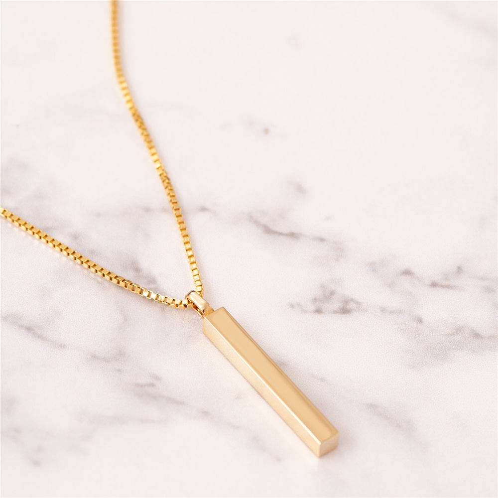 Goldstore-14K Gold Vertical Urn 3 cm Bar Box Chain Necklace, 4 Side Custom Engraved Memorial Gold Necklace, Engrave Name Date Numeral Funeral Necklace