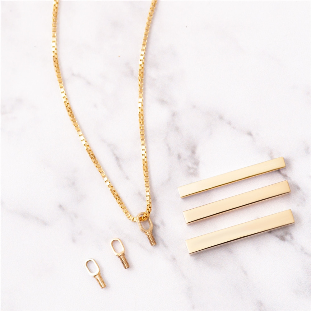 Goldstore-14K Gold Vertical Urn 3 cm Bar Box Chain Necklace, 4 Side Custom Engraved Memorial Gold Necklace, Engrave Name Date Numeral Funeral Necklace