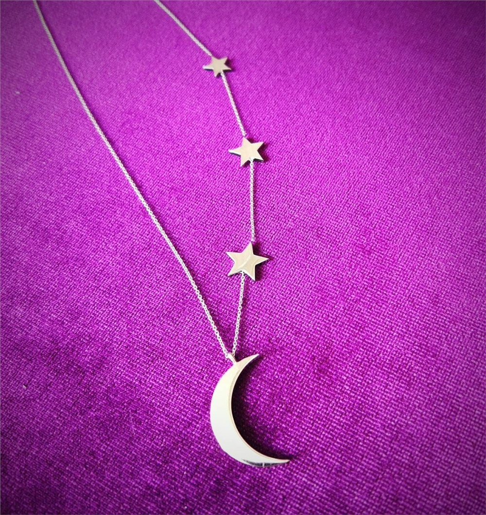 Goldstore-14k or 18k Gold Crescent Moon and 3 Stars Necklace, Crescent Moon and Stars Necklace Available in 14k and 18k Gold Yellow White or Rose Gold