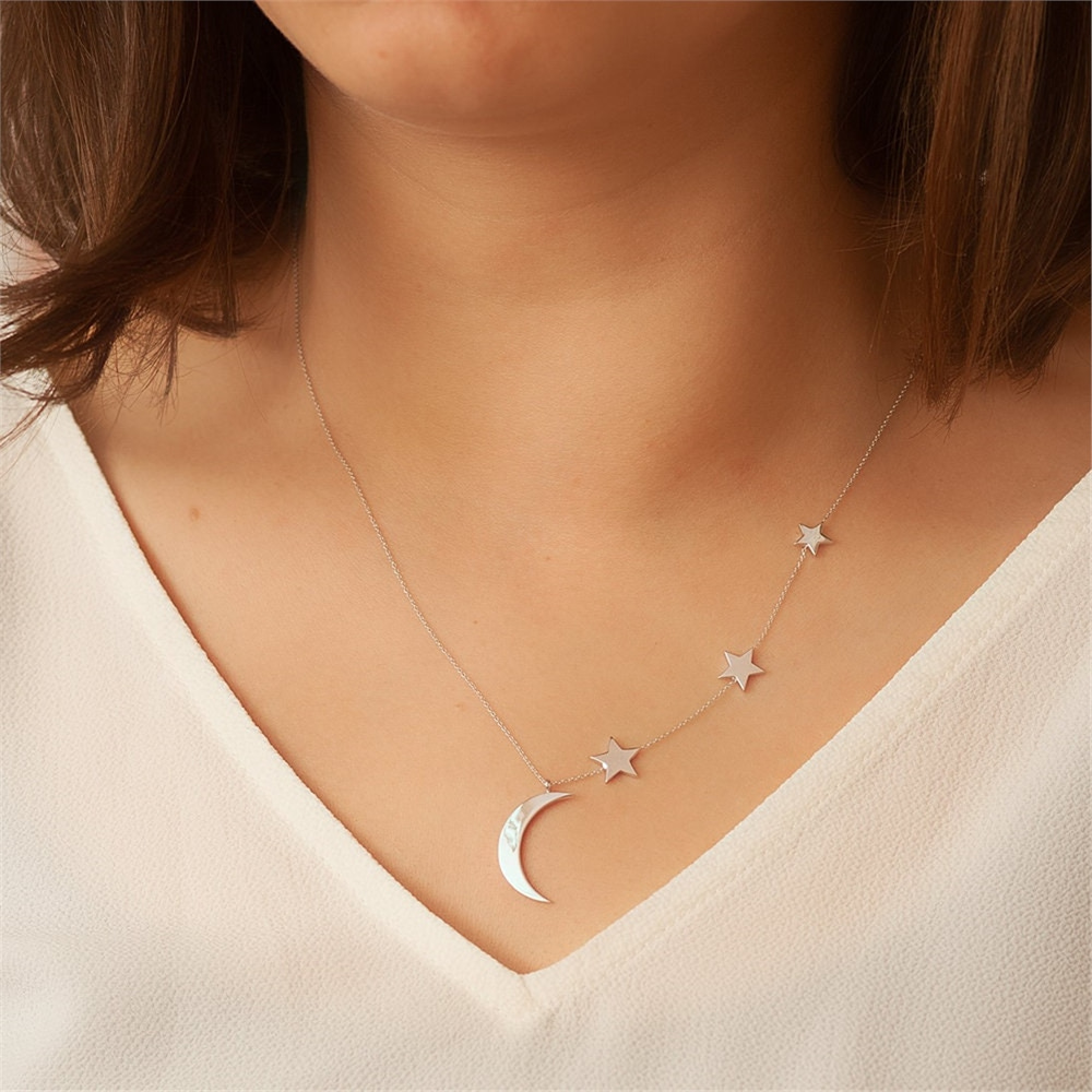 Goldstore-14k or 18k Gold Crescent Moon and 3 Stars Necklace, Crescent Moon and Stars Necklace Available in 14k and 18k Gold Yellow White or Rose Gold