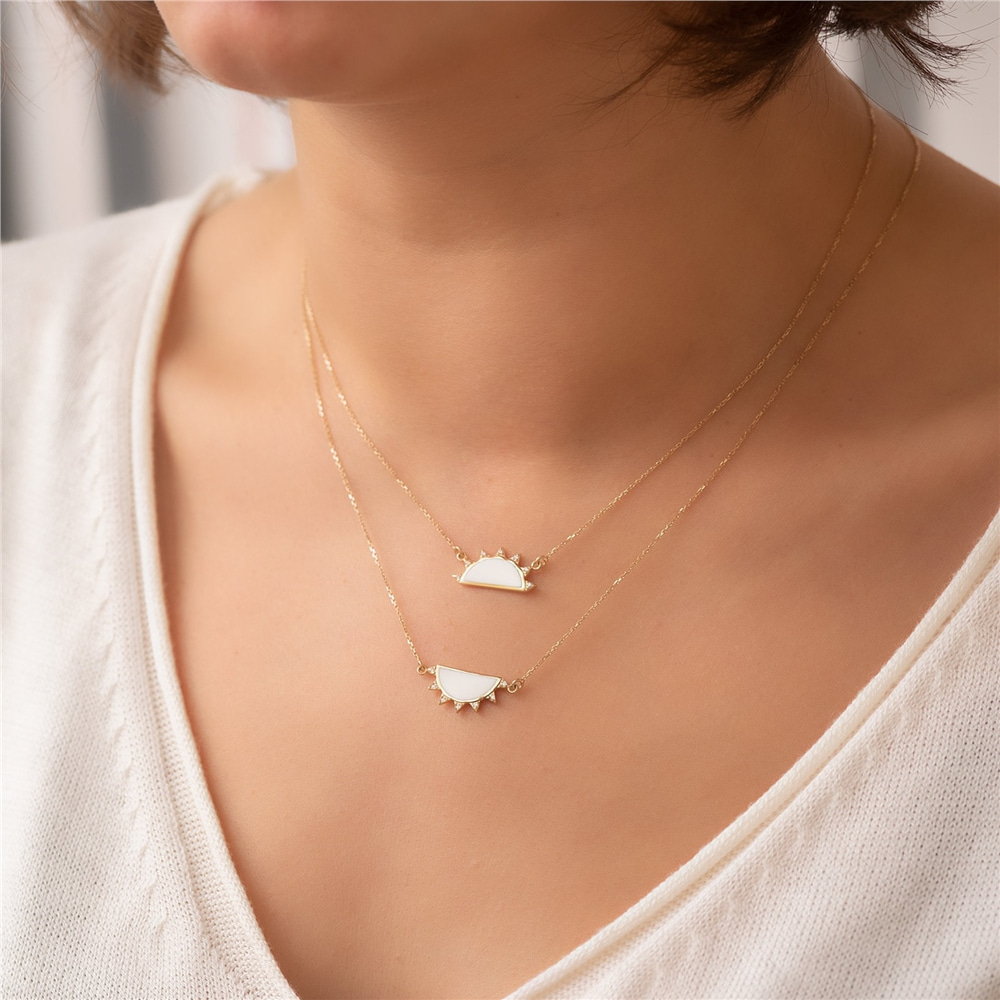 Goldstore-14k or 18k Solid Gold Two Halves Sun Necklace, White Black Enamel Gold Sun Necklace Set, Mother and Daughter Sun Gold Necklace is Gift Her