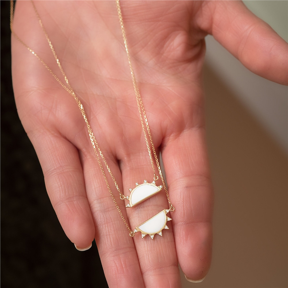 Goldstore-14k or 18k Solid Gold Two Halves Sun Necklace, White Black Enamel Gold Sun Necklace Set, Mother and Daughter Sun Gold Necklace is Gift Her