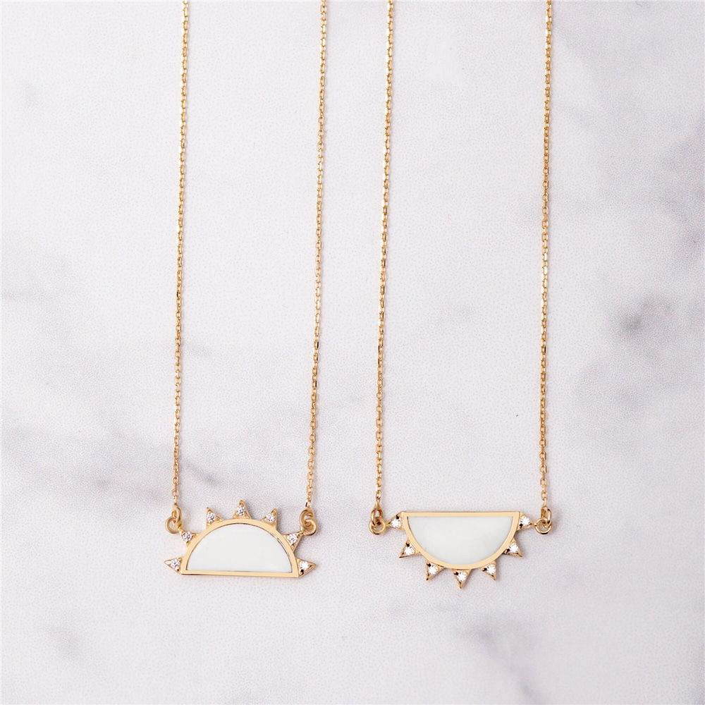 Goldstore-14k or 18k Solid Gold Two Halves Sun Necklace, White Black Enamel Gold Sun Necklace Set, Mother and Daughter Sun Gold Necklace is Gift Her