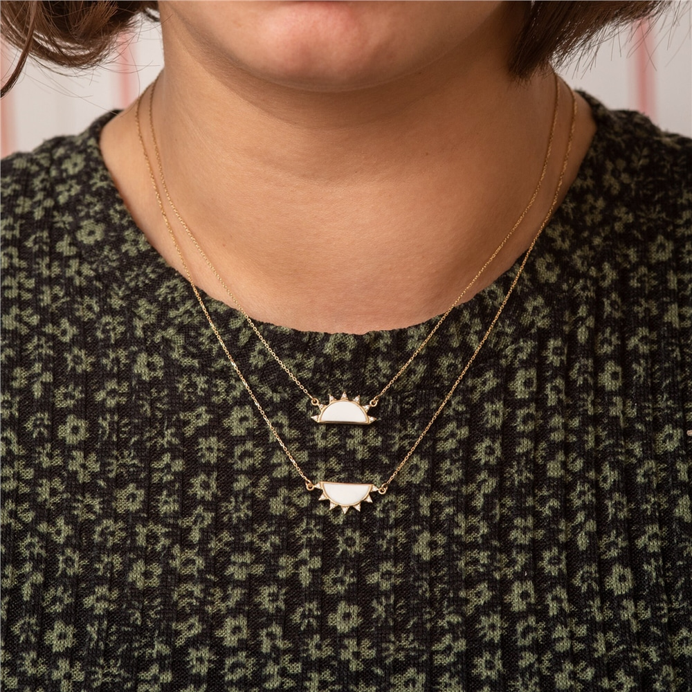 Goldstore-14k or 18k Solid Gold Two Halves Sun Necklace, White Black Enamel Gold Sun Necklace Set, Mother and Daughter Sun Gold Necklace is Gift Her