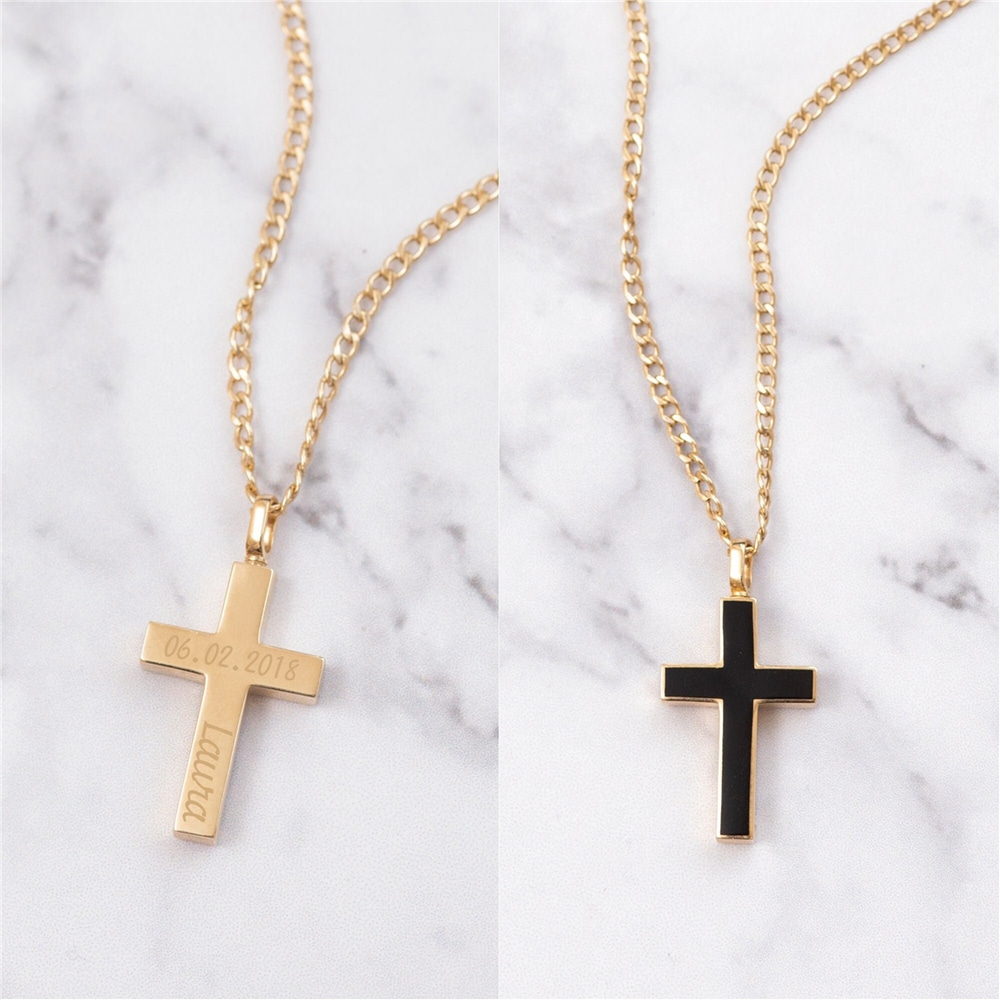 Goldstore-14K Personalized Men's Cross Cremation Urn Bar Necklace With Cuban Gourmet Chain, Two Side Memorial Bar Necklace Gift For Men Boyfriend Gift