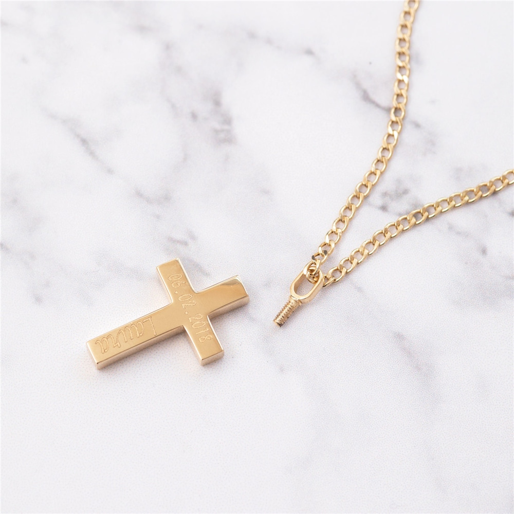 Goldstore-14K Personalized Men's Cross Cremation Urn Bar Necklace With Cuban Gourmet Chain, Two Side Memorial Bar Necklace Gift For Men Boyfriend Gift
