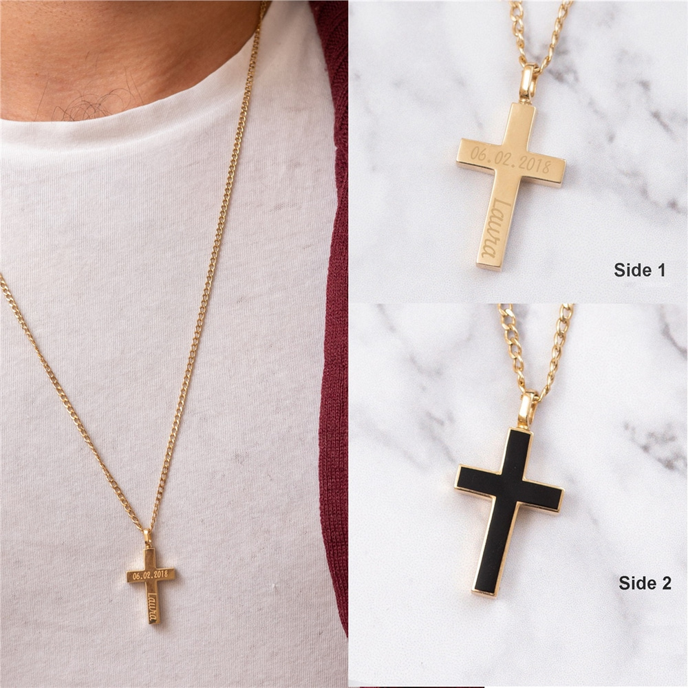 Goldstore-14K Personalized Men's Cross Cremation Urn Bar Necklace With Cuban Gourmet Chain, Two Side Memorial Bar Necklace Gift For Men Boyfriend Gift