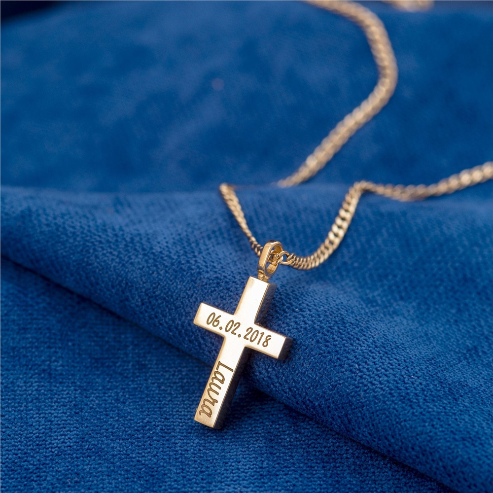 Goldstore-14K Personalized Men's Cross Cremation Urn Bar Necklace With Cuban Gourmet Chain, Two Side Memorial Bar Necklace Gift For Men Boyfriend Gift
