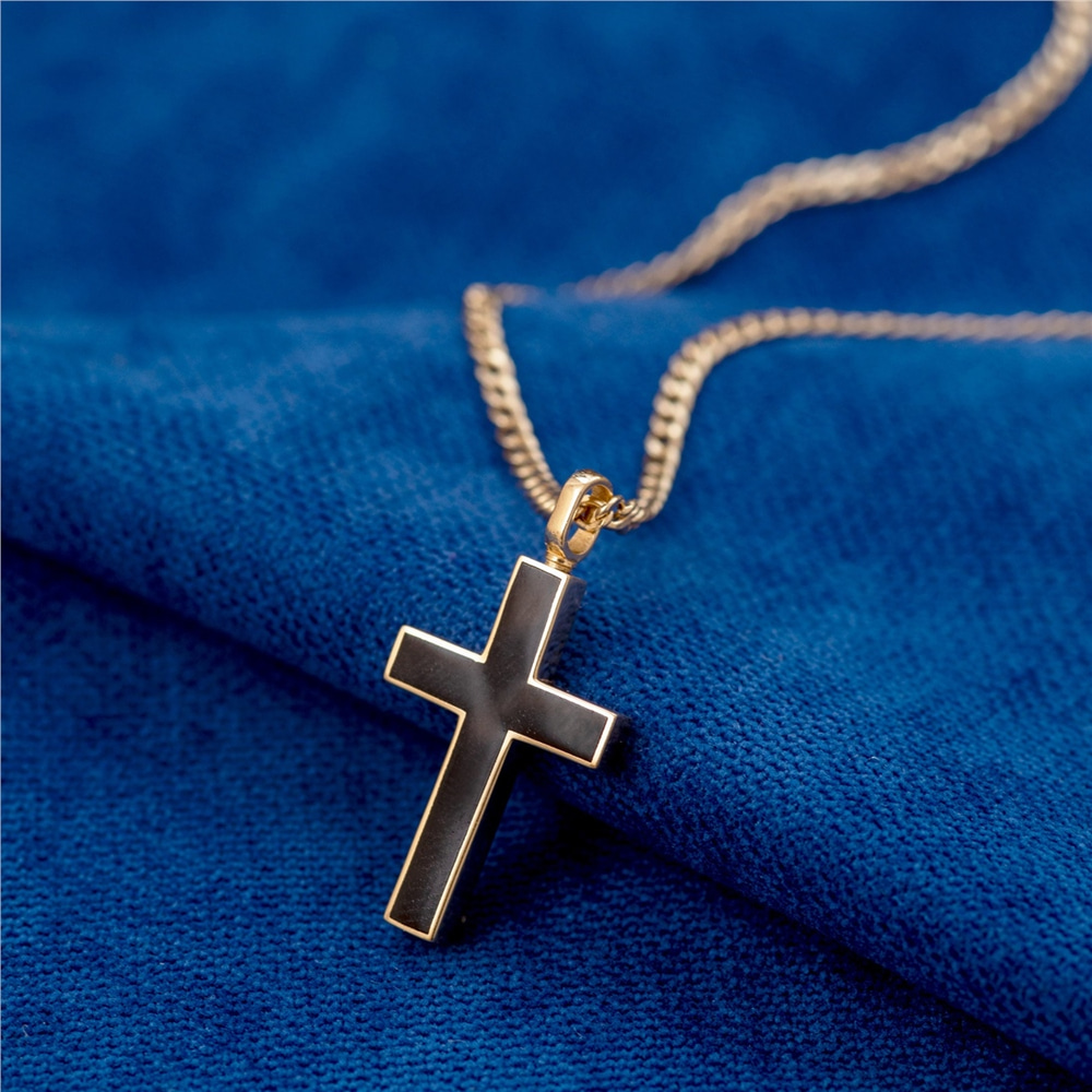 Goldstore-14K Personalized Men's Cross Cremation Urn Bar Necklace With Cuban Gourmet Chain, Two Side Memorial Bar Necklace Gift For Men Boyfriend Gift