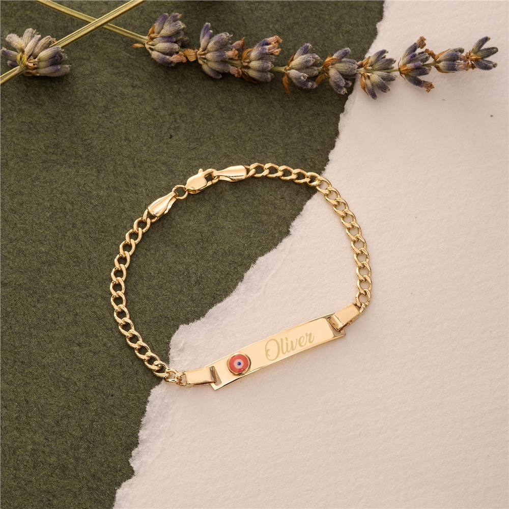 Goldstore-14K Real Gold Baby ID Bracelet, Personalize Baby Girl Boy Enamel Evil Eye Bracelet, Custom Baby Name Engrave Yellow Gold Medical Id Bracelet