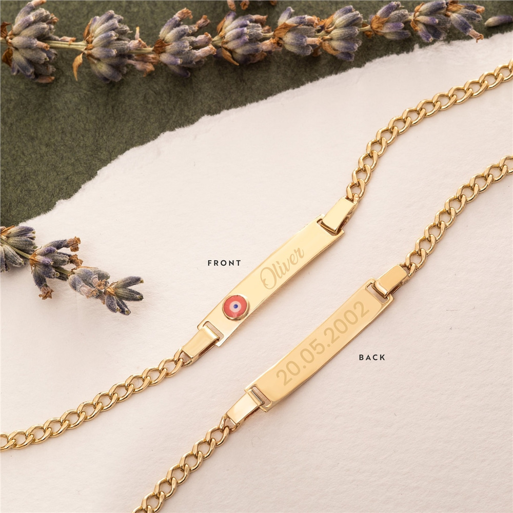 Goldstore-14K Real Gold Baby ID Bracelet, Personalize Baby Girl Boy Enamel Evil Eye Bracelet, Custom Baby Name Engrave Yellow Gold Medical Id Bracelet