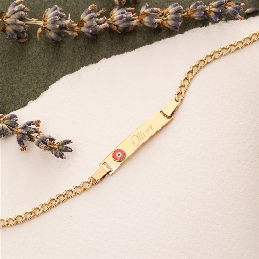 Goldstore-14K Real Gold Baby ID Bracelet, Personalize Baby Girl Boy Enamel Evil Eye Bracelet, Custom Baby Name Engrave Yellow Gold Medical Id Bracelet