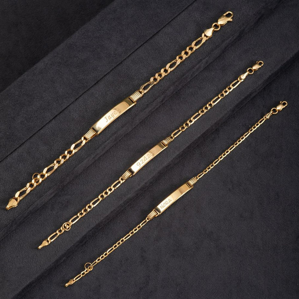 Goldstore-14K Real Gold Baby ID Figaro Chain Bracelet, Personalize Baby Girl Boy Bracelet, Custom Baby Name Engrave Medical Id Bracelet Baptism Gift