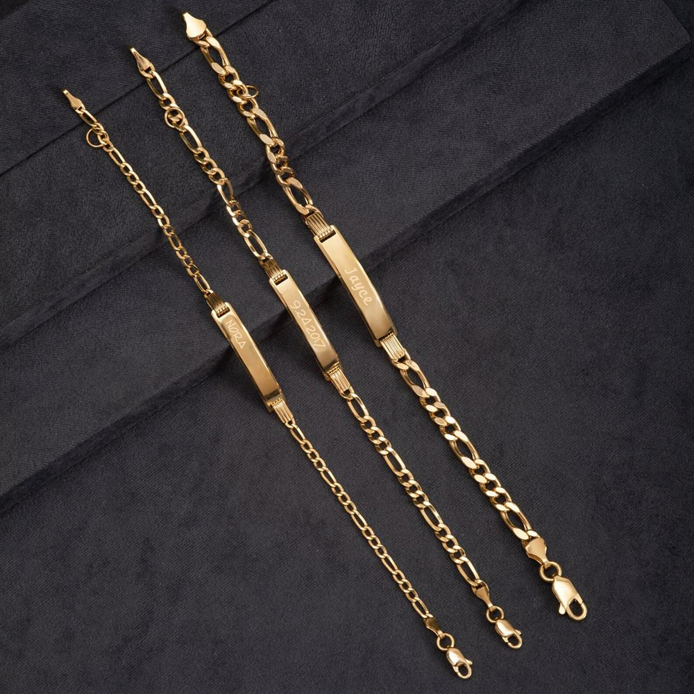 Goldstore-14K Real Gold Baby ID Figaro Chain Bracelet, Personalize Baby Girl Boy Bracelet, Custom Baby Name Engrave Medical Id Bracelet Baptism Gift