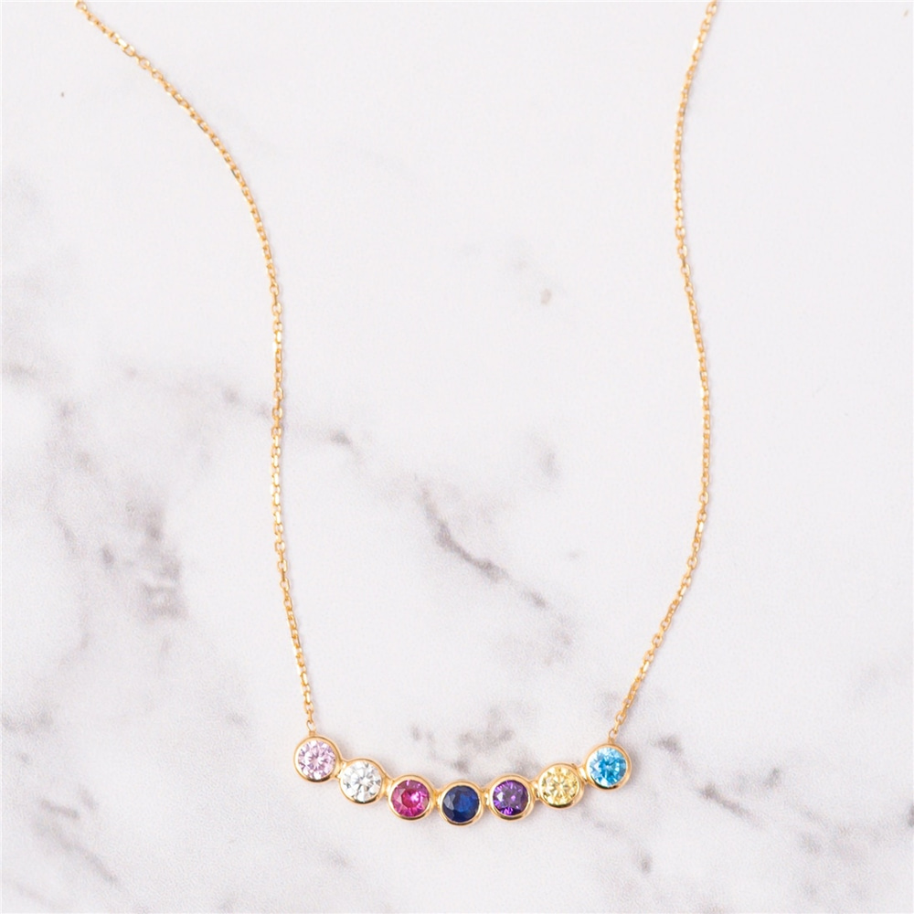 Goldstore-14k Real Gold Curved Cz Family Birthstone Necklace, Custom Birthstone Mother's Necklace, Celestial Bespoke Multi Birthstone Grandma Necklace