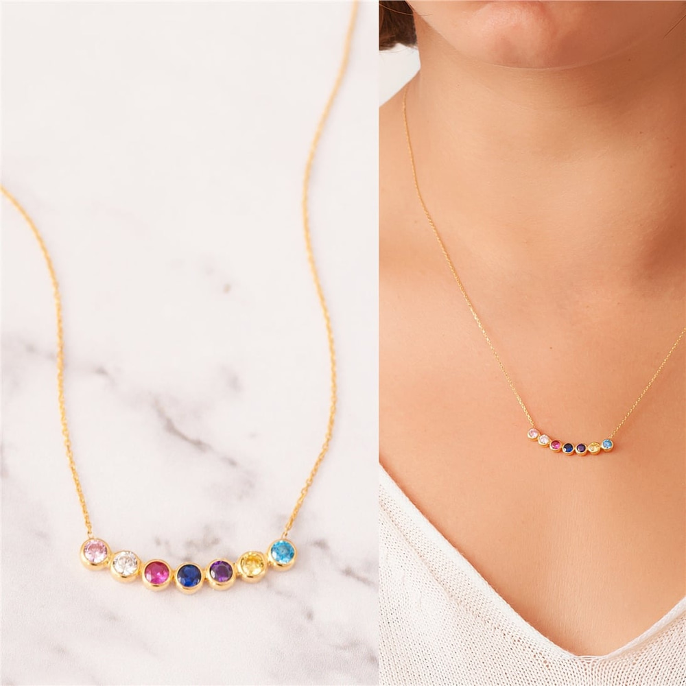 Goldstore-14k Real Gold Curved Cz Family Birthstone Necklace, Custom Birthstone Mother's Necklace, Celestial Bespoke Multi Birthstone Grandma Necklace